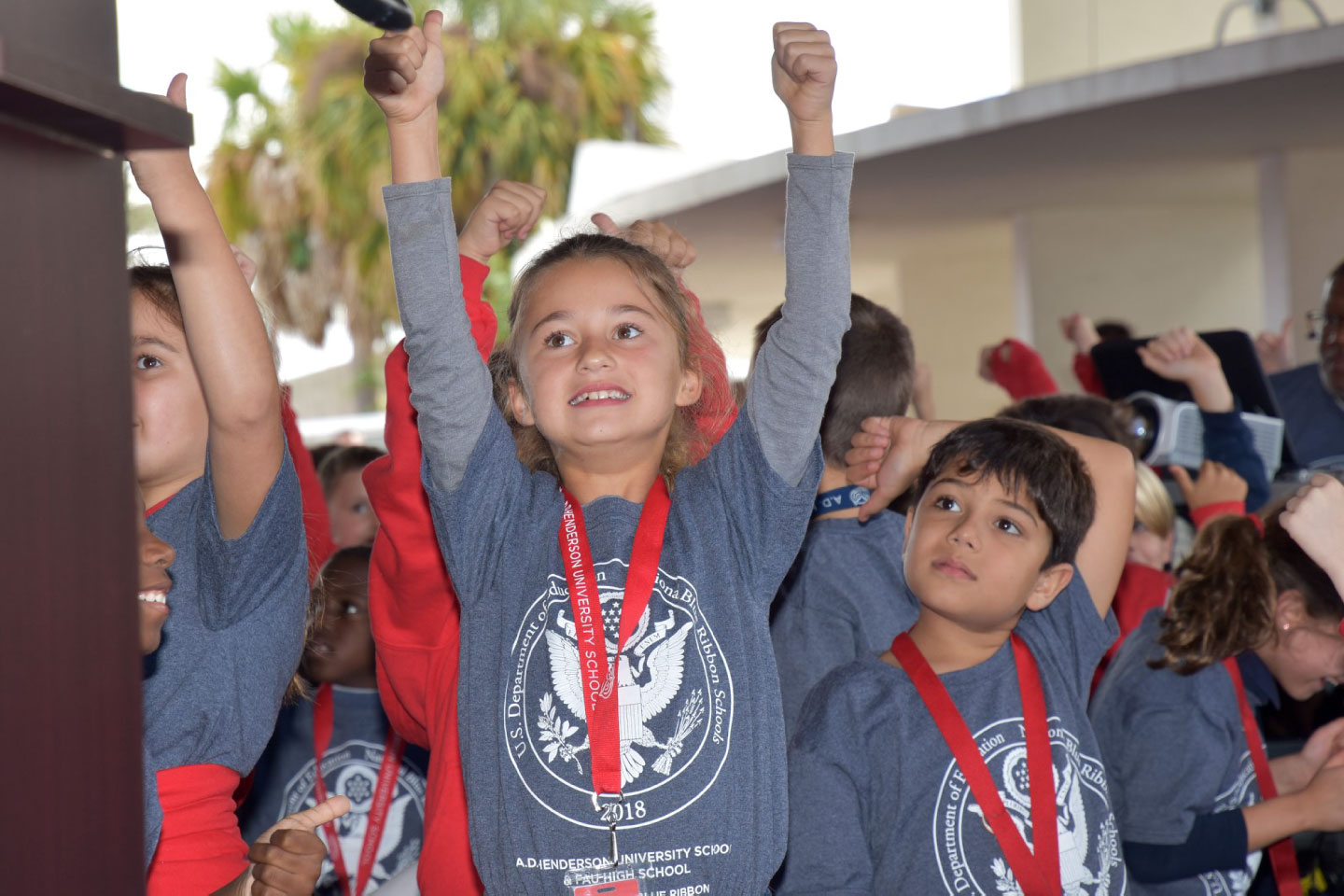 Student cheering during school-wide Blue Ribbon celebration (Photo by Teresa Crane)